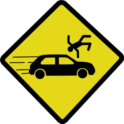 Uzlīme Uzmanību sargies no ātri braucošiem automobiļiem dzeltena brīdinājuma zīme