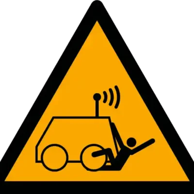 Uzlīme Iespējamas tālvadības vai robotmašīnu radītas traumas ISO 7010 brīdinājuma zīme