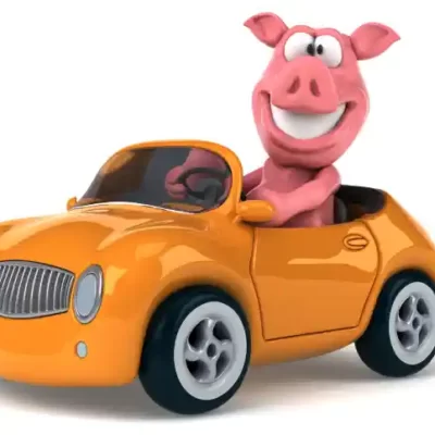 Auto moto uzlīme - Smaidīga cūka mazā oranžā mašīnītē