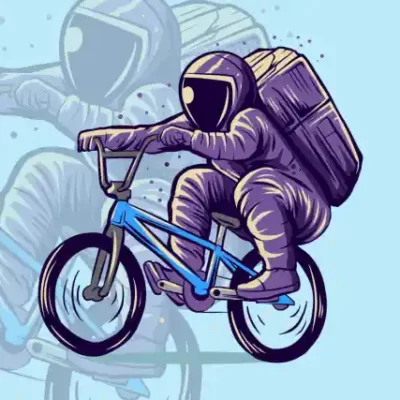 Velo uzlīme - Kosmonauts skafandrā uz BMX divriteņa