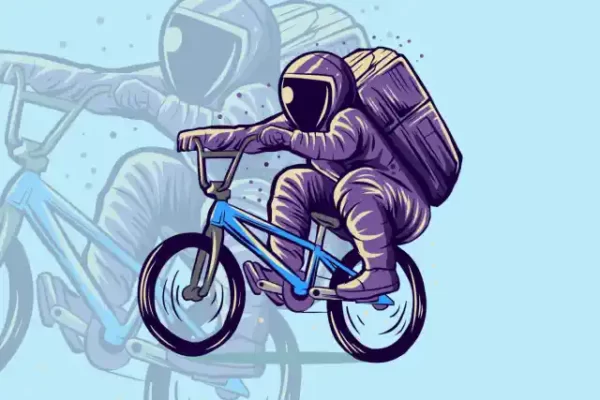 Velo uzlīme - Kosmonauts skafandrā uz BMX divriteņa