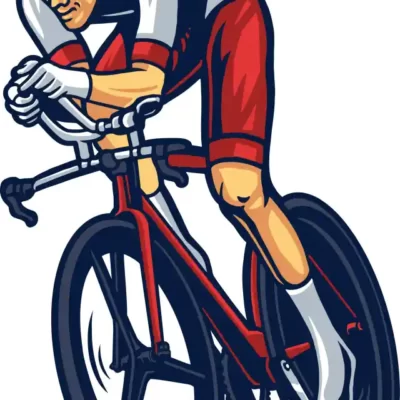 Velo uzlīme - Velosportists sarkanā ķiverē no priekšas