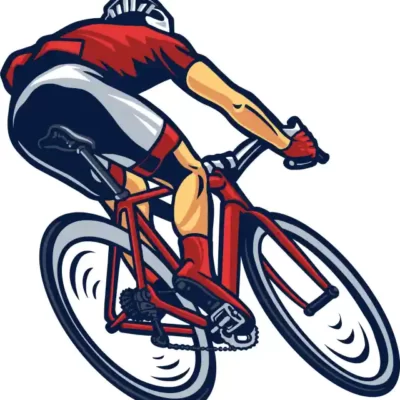 Velo uzlīme - Velosportists sarkanā ķiverē no aizmugures