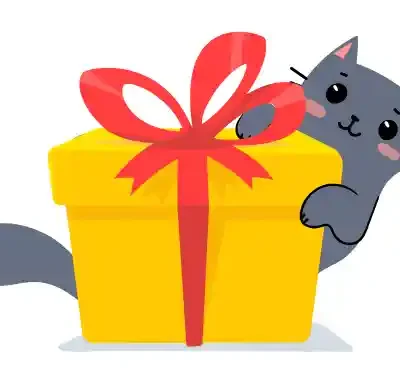 Kaķu uzlīme - Dzeltena dāvanu kaste un pelēks kaķēns aiz tās