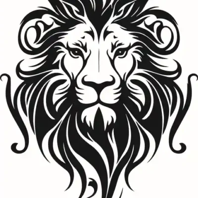 Dzīvnieku uzlīme - Melnbalts lauvas galvas attēls ar ļoti vijīgām krēpēm 3