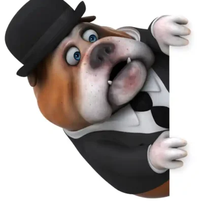 Suņu uzlīme - Resns buldogs melnā uzvalkā un katliņā skatās gar stūri