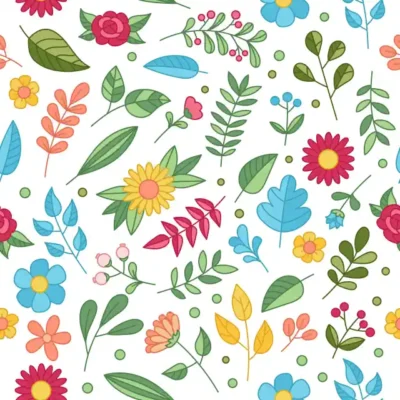 Ziedu uzlīme - Koši krāsainu ziediņu un lapiņu raksts uz balta fona