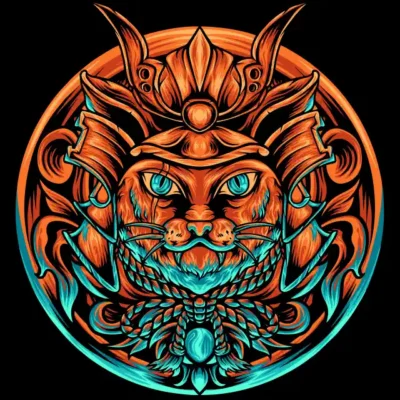 Kaķu uzlīme - Samuraju kaķa emblēma ar sarežģītiem ornamentiem